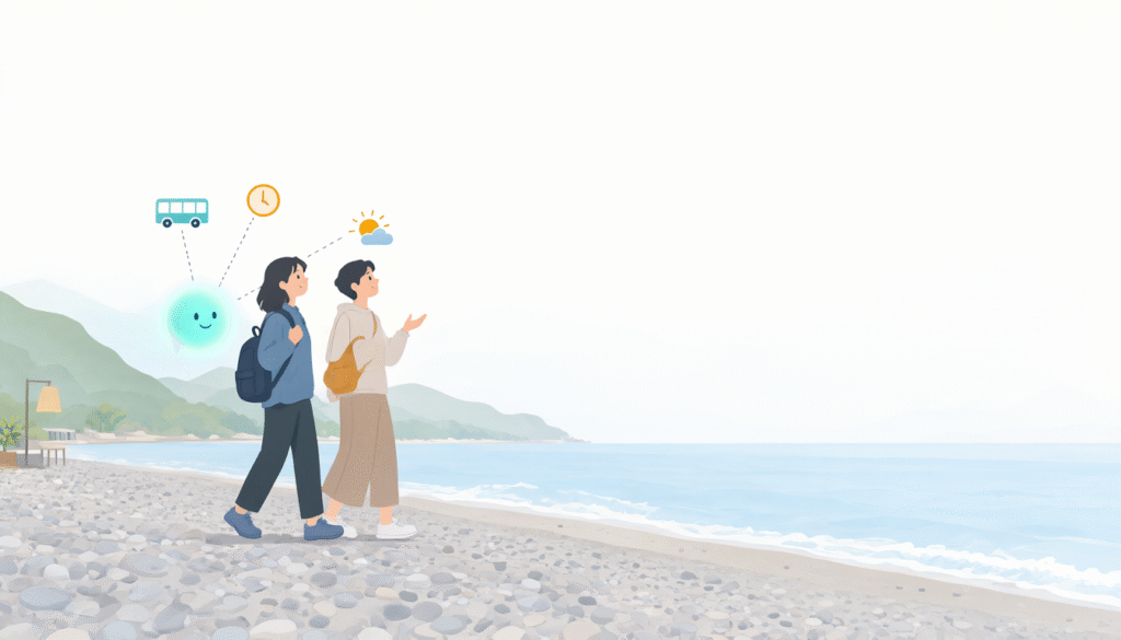 一對中年旅人背著背包走在花蓮的礫石海灘上,身旁的 AI 助理光球連到公車、時鐘和天氣的小圖示