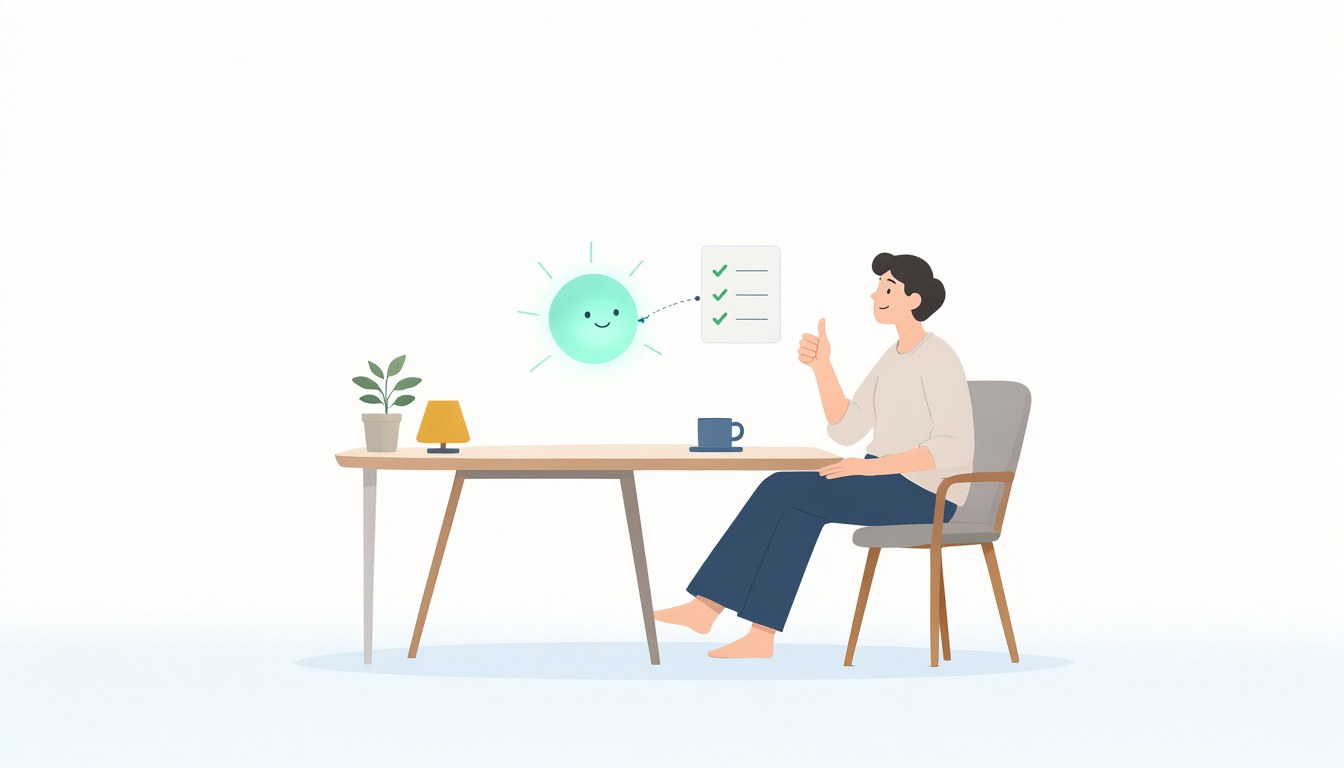 AI 助理把三個打勾的清單遞到桌前，坐著的人比讚同意